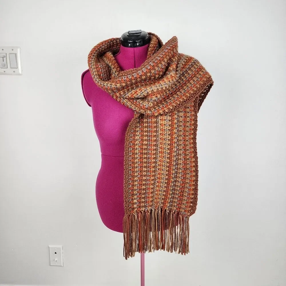 New Handmade Crochet Scarf Fringe Orange Brown Earth Tones Boho Wrap